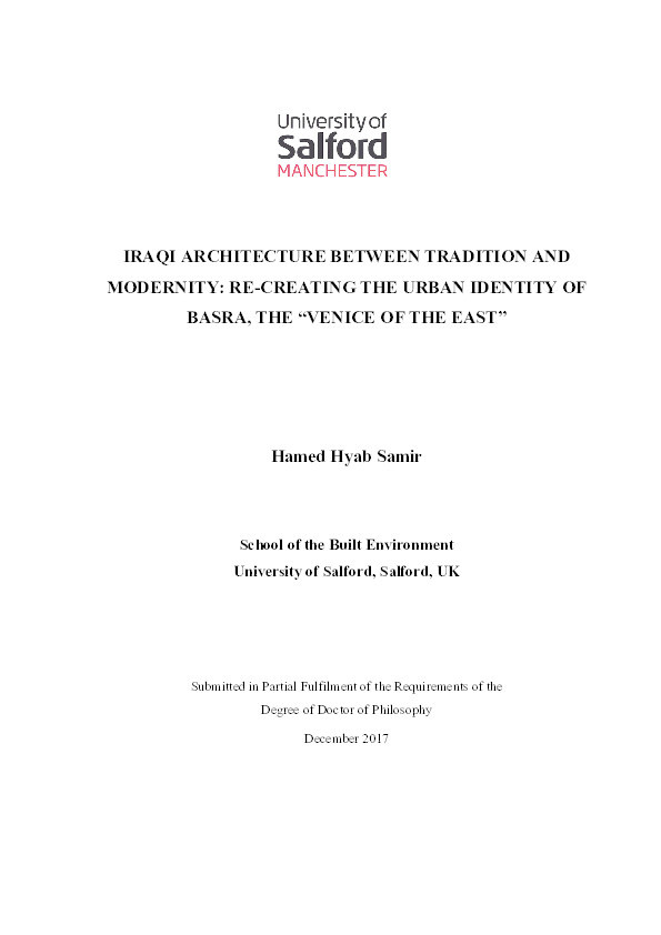 Iraqi architecture between tradition and modernity : re-creating the urban identity of Basra, the “Venice of the East” Thumbnail