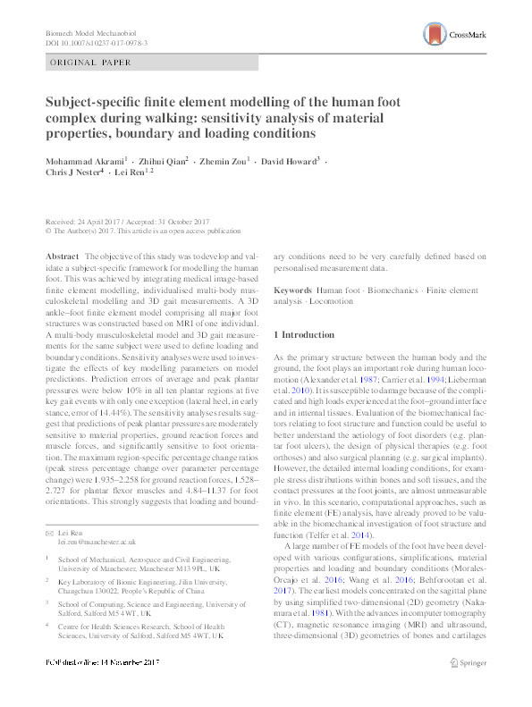Subject-specific finite element modelling of the human foot
complex during walking : sensitivity analysis of material
properties, boundary and loading conditions Thumbnail