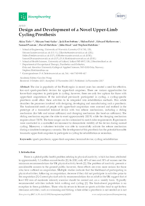 Design and development of a novel upper-limb cycling prosthesis Thumbnail