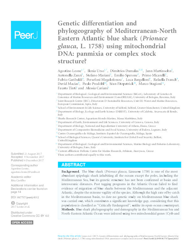 Genetic differentiation and phylogeography of Mediterranean-North Eastern Atlantic blue shark (Prionace glauca, L. 1758) using mitochondrial DNA : panmixia or complex stock structure? Thumbnail