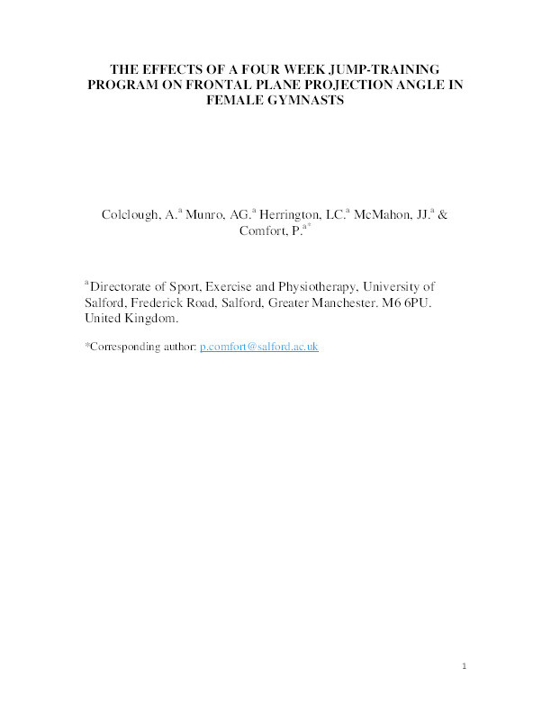 The effects of a four week jump-training program on frontal plane projection angle in female gymnasts Thumbnail