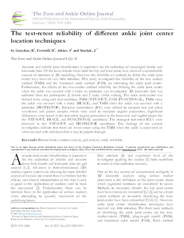 The test-retest reliability of different ankle joint center
location techniques Thumbnail