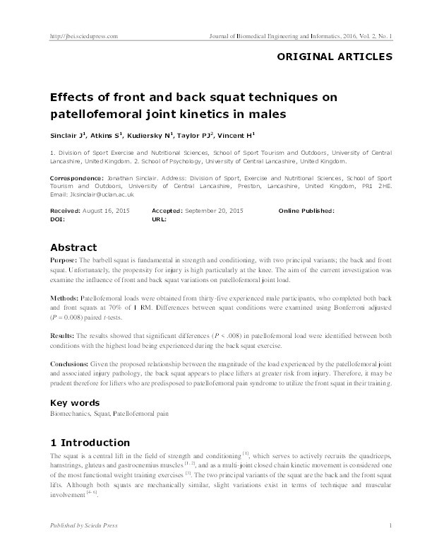 Effects of front and back squat techniques on
patellofemoral joint kinetics in males Thumbnail