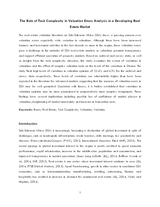 The role of task complexity in valuation errors analysis in a developing real estate market Thumbnail