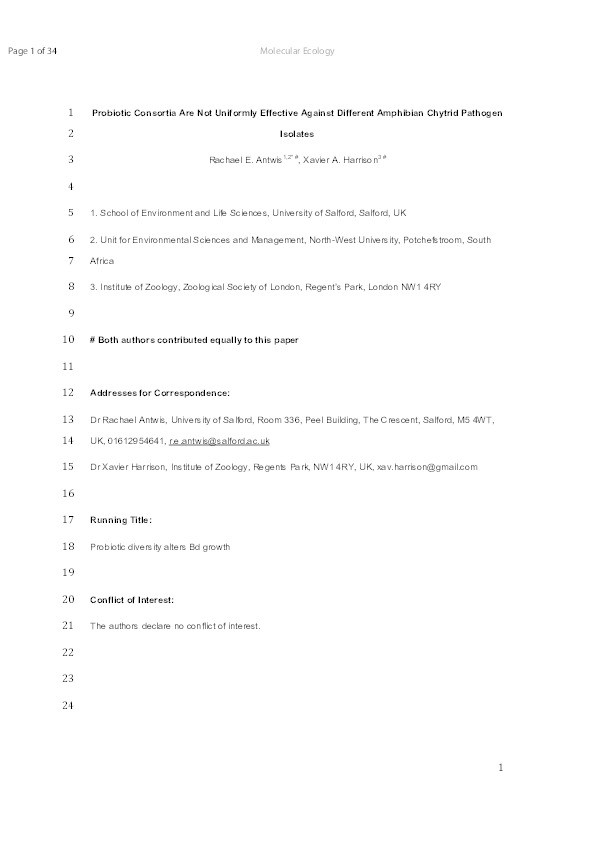 Probiotic consortia are not uniformly effective against different amphibian chytrid pathogen isolates Thumbnail
