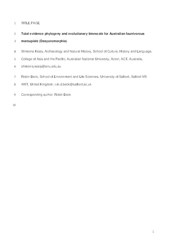 Total evidence phylogeny and evolutionary timescale for Australian faunivorous marsupials (Dasyuromorphia) Thumbnail