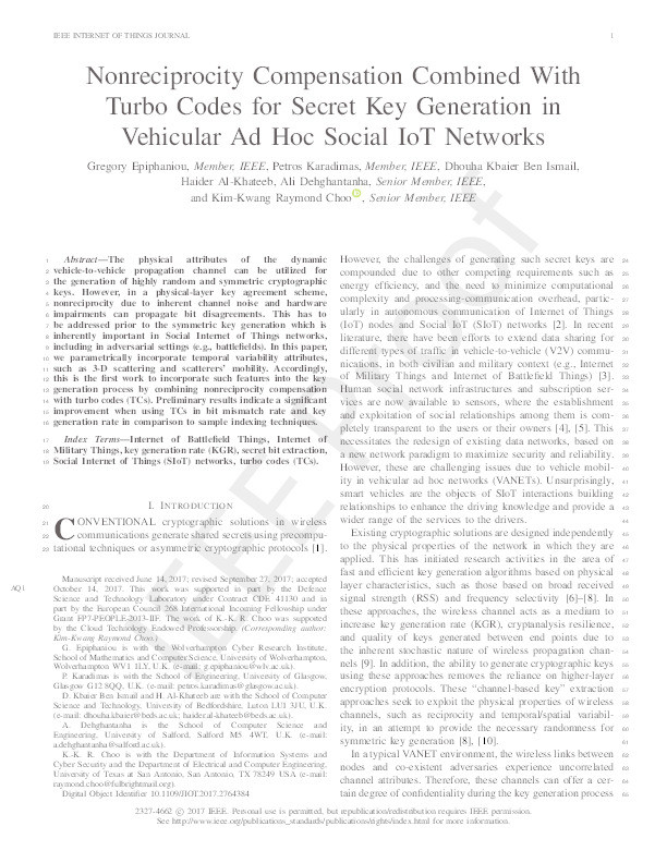 Non-reciprocity compensation combined with turbo codes for secret key generation in vehicular ad hoc social IoT networks Thumbnail
