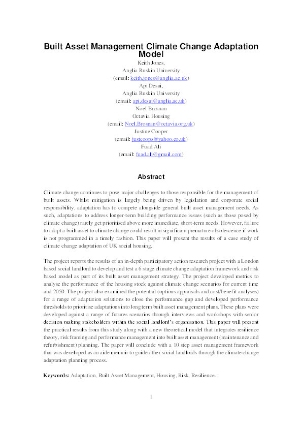 Built asset management climate change adaptation model Thumbnail