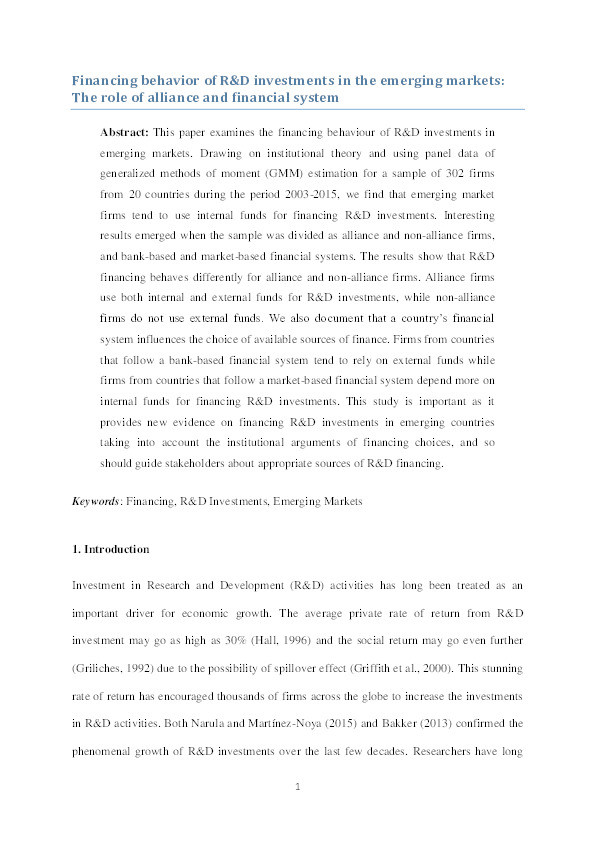 Financing behavior of R&D investments in the emerging markets : the role of alliance and financial system Thumbnail