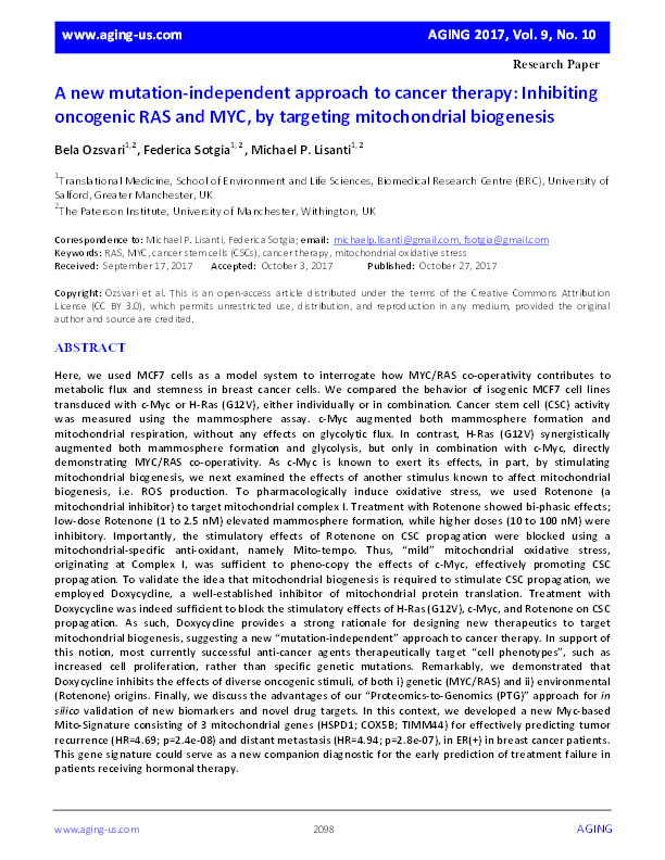 A new mutation-independent approach to cancer therapy : inhibiting oncogenic RAS and MYC, by targeting mitochondrial biogenesis. Thumbnail