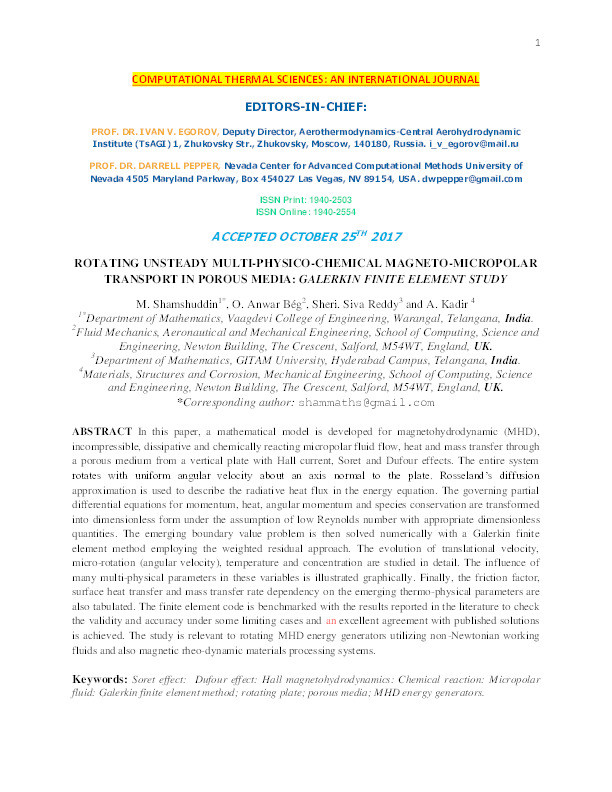 Rotating unsteady multi-physico-chemical magneto-micropolar transport in porous media : Galerkin finite element study Thumbnail