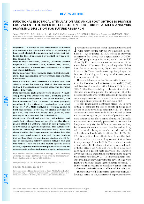 Functional electrical stimulation and ankle foot orthoses provide equivalent therapeutic effects on foot drop : a meta-analysis providing direction for future research Thumbnail