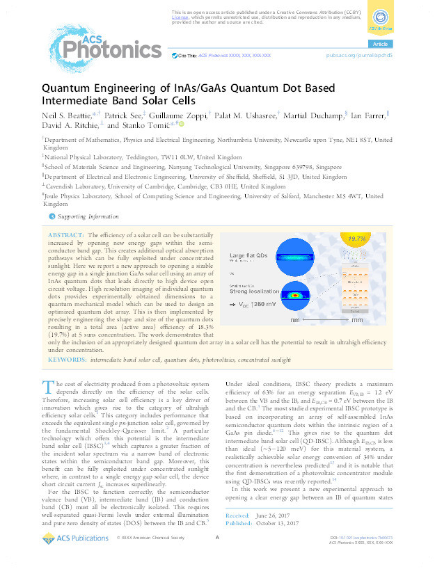 Quantum engineering of InAs/GaAs quantum dot based intermediate band solar cells Thumbnail