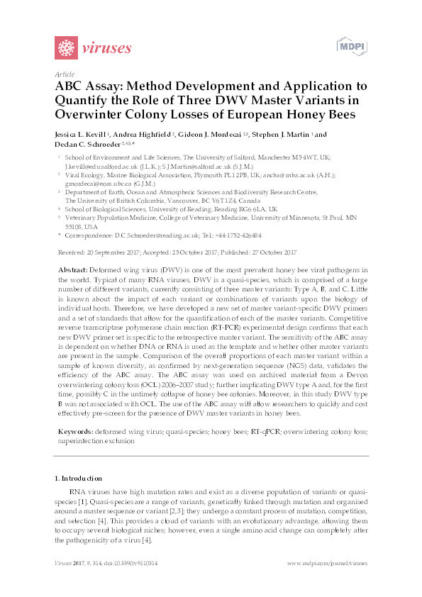 ABC assay : method development and application to quantify the role of three DWV master variants in overwinter colony losses of European honey bees Thumbnail