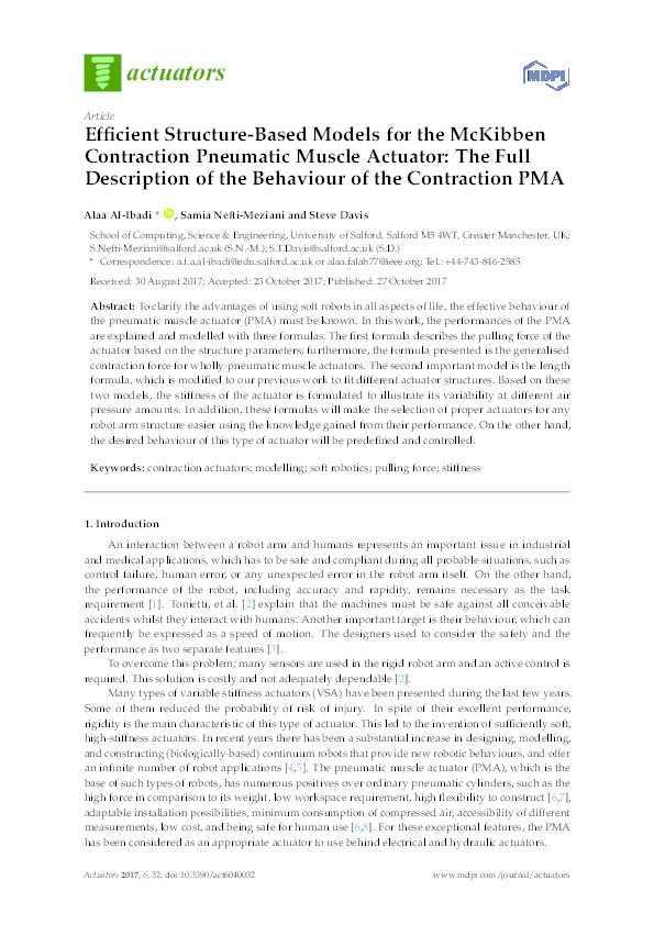 Efficient structure-based models for the McKibben contraction pneumatic muscle actuator : the full description of the behaviour of the contraction PMA Thumbnail
