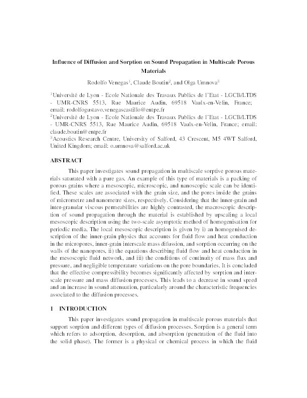 Influence of diffusion and sorption on sound propagation in multiscale porous materials Thumbnail