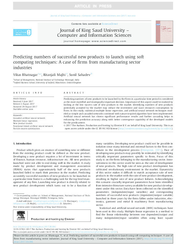 Predicting numbers of successful new products to launch using soft computing techniques : a case of firms from manufacturing sector industries Thumbnail