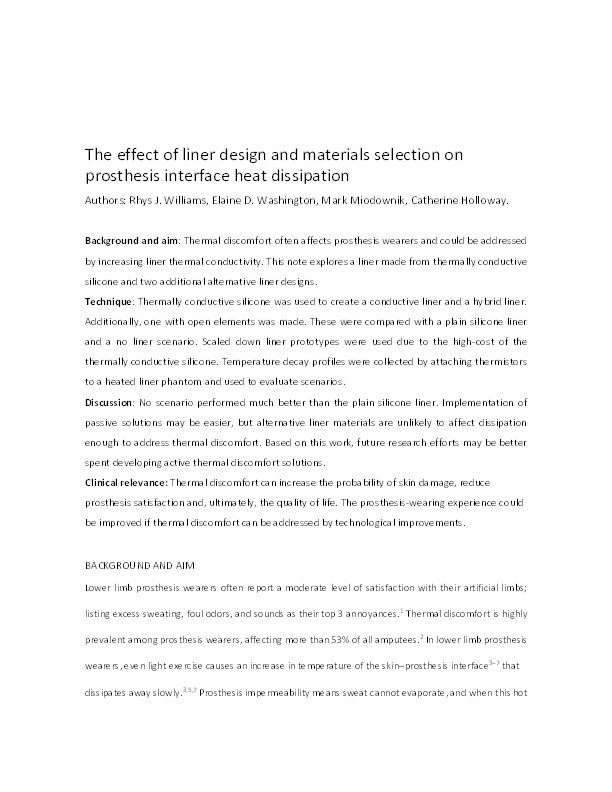 The effect of liner design and materials selection on prosthesis interface heat dissipation Thumbnail