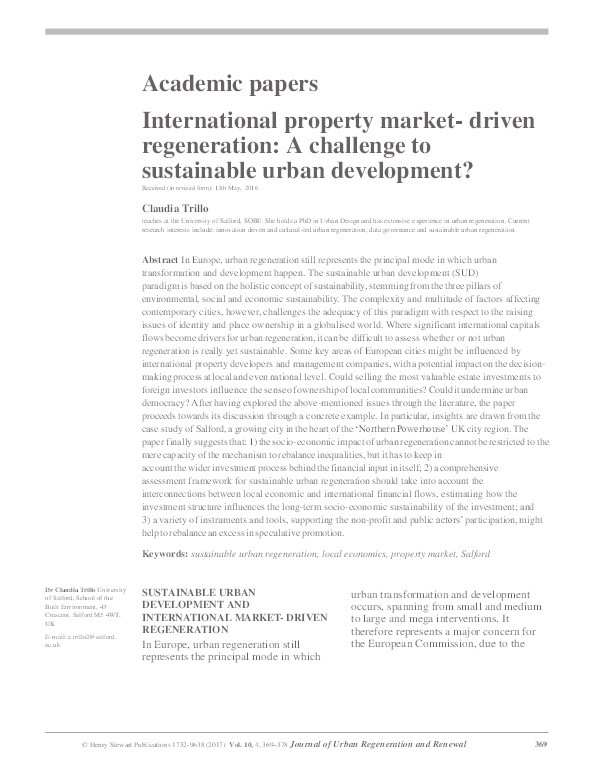 International property market-driven regeneration : a challenge to sustainable urban development? Thumbnail