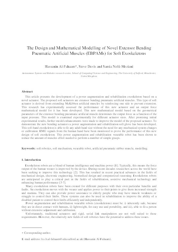 The design and mathematical modelling of novel extensor bending pneumatic artificial muscles (EBPAMs) for soft exoskeletons Thumbnail