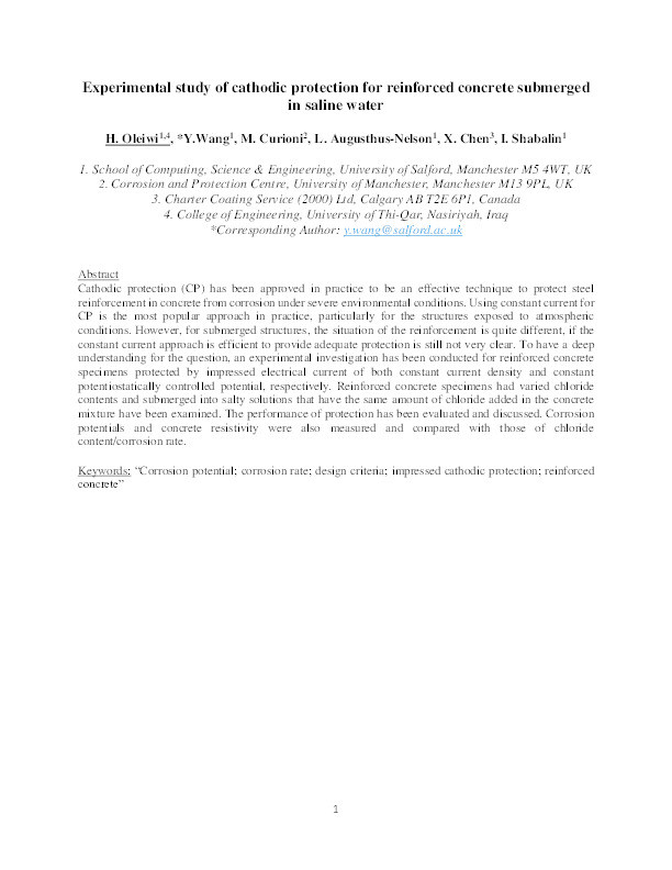 Experimental study of cathodic protection for reinforced concrete submerged in saline water Thumbnail