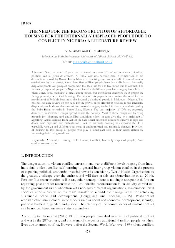 The need for the reconstruction of affordable housing for the internally displaced people due to conflict in Nigeria : a literature review Thumbnail