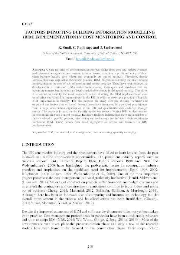 Factors impacting Building Information Modelling (BIM) implementation in cost monitoring and control Thumbnail