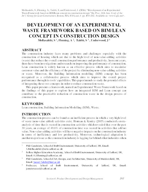 Development of an experimental waste framework based on BIM/lean concept in construction design Thumbnail