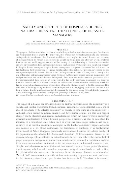 Safety and security of hospitals during natural disasters : challenges of disaster managers Thumbnail