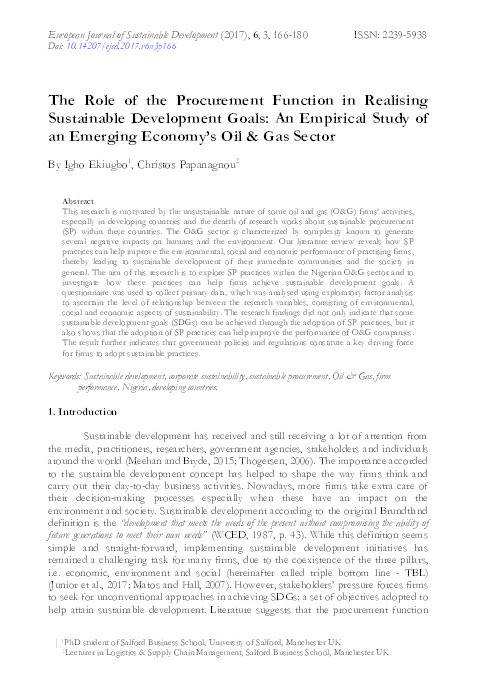 The role of the procurement function in realising
sustainable development goals : an empirical study of
an emerging economy’s oil & gas sector Thumbnail