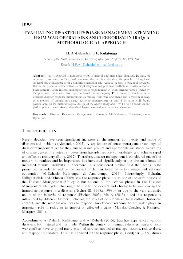 Evaluating disaster response management stemming from war operations and terrorism in Iraq : a methodological approach Thumbnail