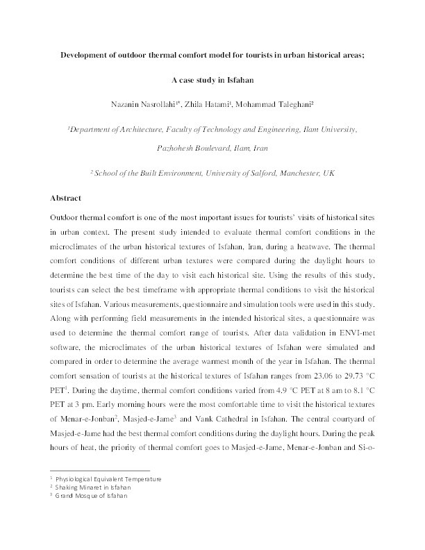 Development of outdoor thermal comfort model for tourists in urban historical areas; A case study in Isfahan Thumbnail