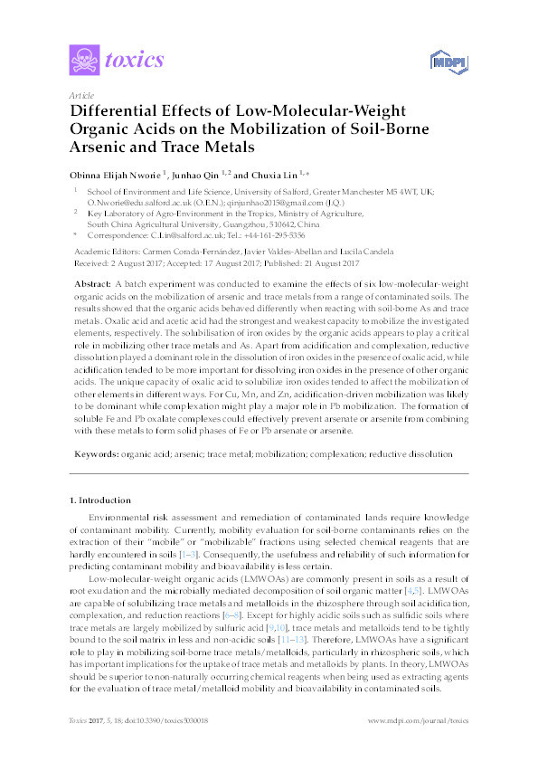 Differential effects of low-molecular-weight
organic acids on the mobilization of soil-borne
arsenic and trace metals Thumbnail