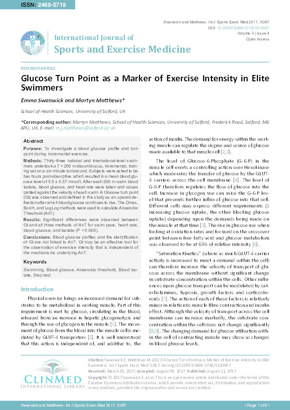 Glucose turn point as a marker of exercise intensity in elite swimmers Thumbnail