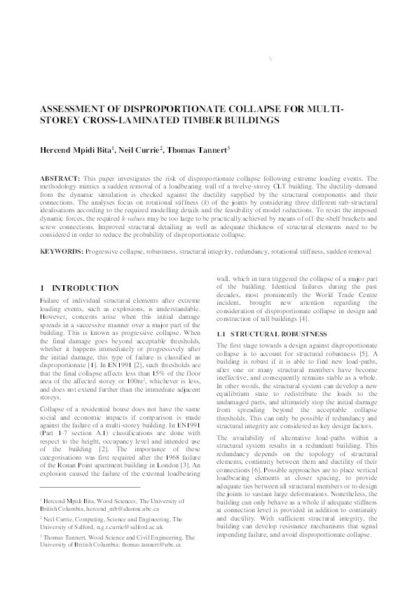 Assessment of disproportionate collapse for multi-storey cross-laminated timber buildings Thumbnail