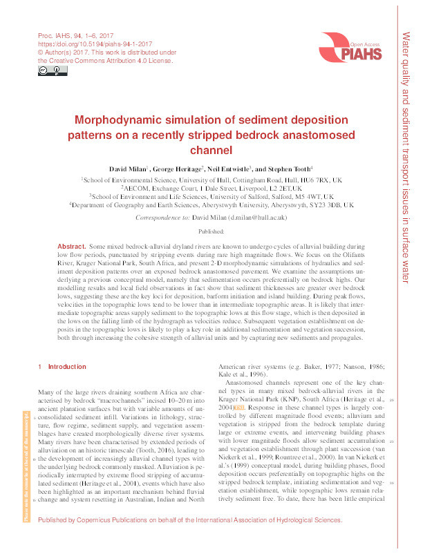 Morphodynamic simulation of sediment deposition
patterns on a recently stripped bedrock anastomosed
channel Thumbnail