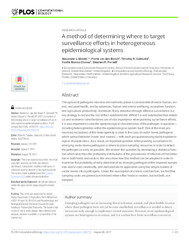 A method of determining where to target surveillance efforts in heterogeneous epidemiological systems Thumbnail
