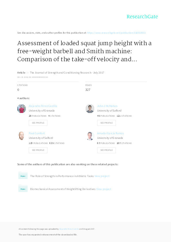 Assessment of loaded squat jump height with a free-weight barbell and Smith machine : comparison of the take-off velocity and flight time procedures Thumbnail