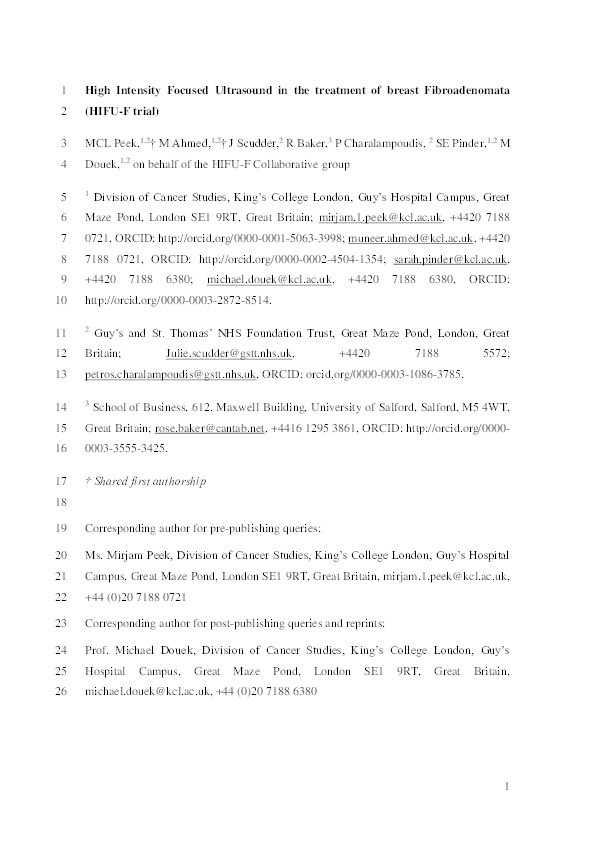 High intensity focused ultrasound in the treatment of breast fibroadenomata (HIFU-F trial) Thumbnail