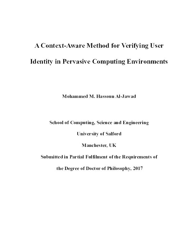 A context-aware method for verifying user identity in pervasive computing environments Thumbnail