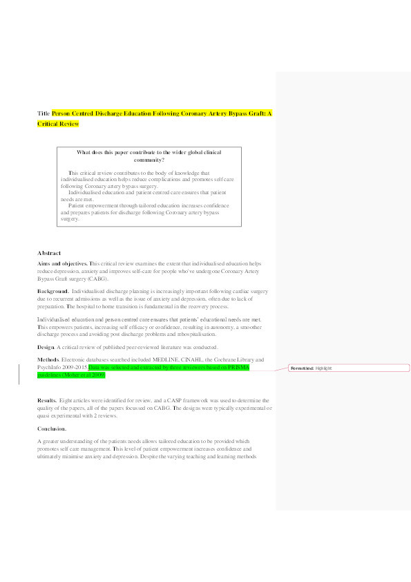 Person centred discharge education following coronary artery bypass graft : a critical review Thumbnail