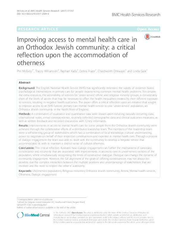Improving access to mental health care in an Orthodox Jewish community : a critical reflection upon the accommodation of otherness Thumbnail
