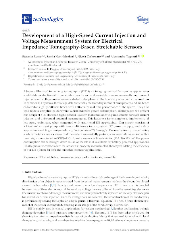 Development of a high-speed current injection and voltage measurement system for electrical impedance tomography-based stretchable sensors Thumbnail