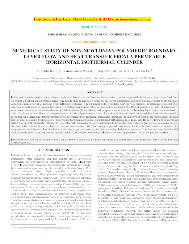 Numerical study of non-Newtonian polymeric boundary layer flow and heat transfer from a permeable horizontal isothermal cylinder Thumbnail