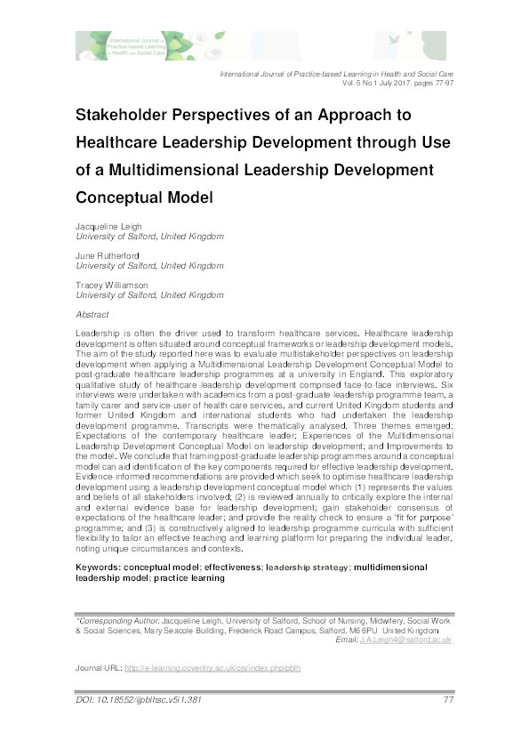 Stakeholder perspectives of an approach to healthcare leadership development through use of a multidimensional leadership development conceptual model Thumbnail