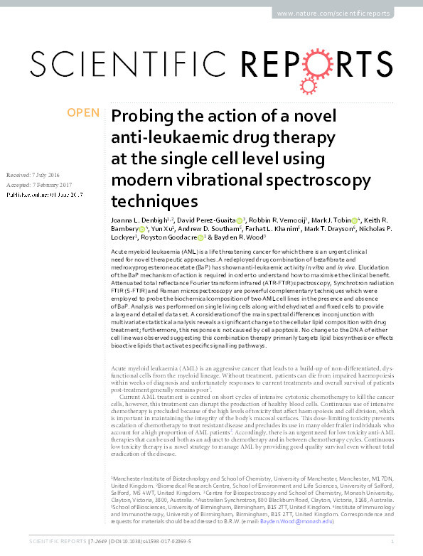 Probing the action of a novel anti-leukaemic drug therapy at the single cell level using modern vibrational spectroscopy techniques Thumbnail