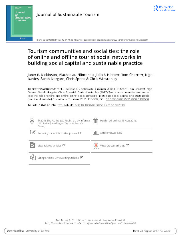 Tourism communities and social ties : the role of online and offline tourist social networks in building social capital and sustainable practice Thumbnail