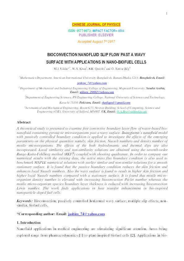 Bioconvection nanofluid slip flow past a wavy surface with applications in nano-biofuel cells Thumbnail