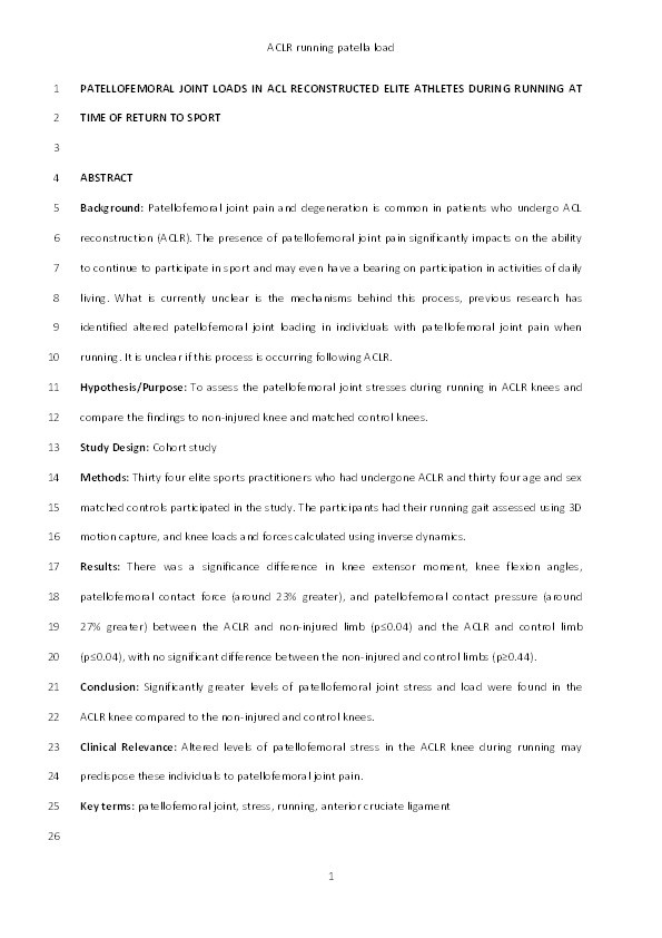 Patellofemoral joint loads in ACL reconstructed elite athletes during running at time of return to sport Thumbnail