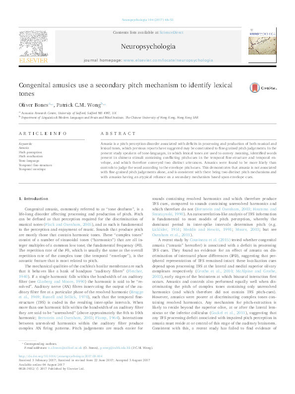 Congenital amusics use a secondary pitch mechanism to identify lexical tones Thumbnail